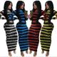 Fashion Striped Printed Round Neck Long Sleeves Midi Skinny Dress WMZ2580