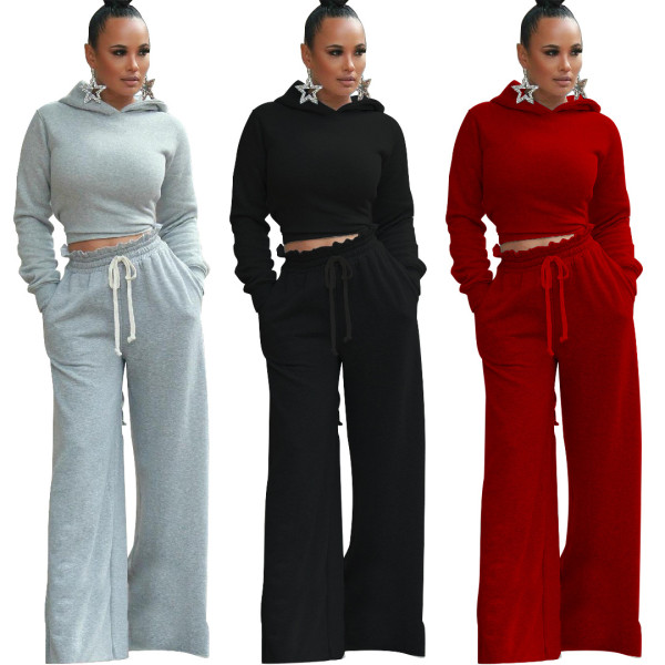 Fashion Solid Color Long Sleeves Backless Mini Sweater With High Waist Wide Leg Pants Two Pieces Set