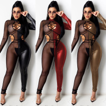 Sexy Mesh Stitching Hollow Out Long Sleeves Lace-Up Leather Jumpsuit C5011