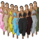 Pure color fashion sexy casual tassel sling halter two-piece suit M9065