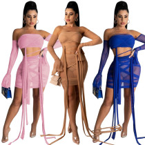 Wrapped chest straps trumpet sleeves mesh fashionable sexy 2-piece set SZ8067