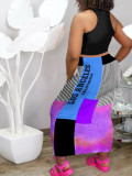 Color letter print top + picture print long skirt 2-piece set J1175