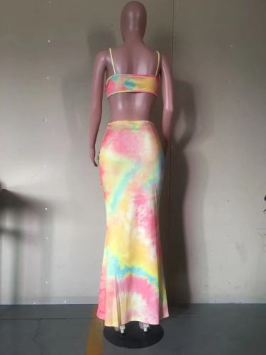 Casual fashion elegant digital tie-dye printing long skirt D8447