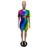 Fashion sexy burnt flower rainbow lip print gradient dress GH030