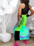 Color letter print top + picture print long skirt 2-piece set J1175