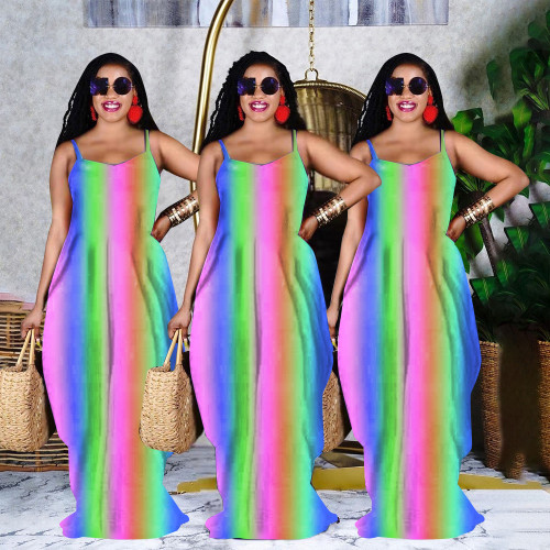 Rainbow Print Loose Sling Dress Long Skirt GH046