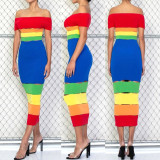 Fashion color matching print, burnt sexy one-shoulder dress B9281