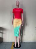 Rainbow print midi skirt dress OL6056