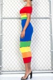 Fashion color matching print, burnt sexy one-shoulder dress B9281