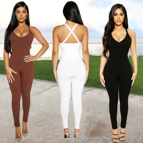Pure color high elastic pit strip fabric casual sling jumpsuit BN172