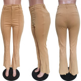 Pure color casual button zipper rib bottom trousers BN171