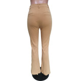 Pure color casual button zipper rib bottom trousers BN171