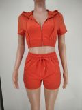 Pure color hooded cropped T-shirt shorts casual suit two-piece suit X9301