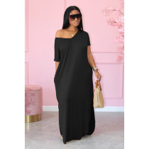 Fashionable short-sleeved hem slit deep V-neck loose dress T-shirt long skirt X9300