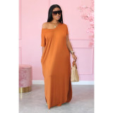 Fashionable short-sleeved hem slit deep V-neck loose dress T-shirt long skirt X9300