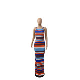 Colorful striped print open back dress F8076