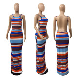 Colorful striped print open back dress F8076