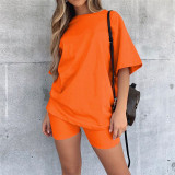 Loose solid color top tight-fitting casual shorts suit K21S02777