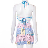 New cashew flower print halter neck lace halter skirt suit women Q21ST225