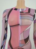 Zipper high neck abstract print summer short-sleeved graffiti print jumpsuit FFD1109