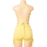 Summer new solid color open back tether sling pleated shorts suit R21ST199