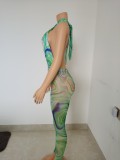 Summer color matching abstract print graffiti printed net gauze jumpsuit FFD1110