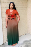Gradient color long skirt digital print dress Q7176