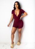 V-neck buttoned short-sleeved jumpsuit high-waisted personality pit strip jumpsuit AJ4337