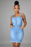 New women's wash water milled white sleeveless sling backless sexy denim dress A3271