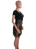 Long fringed beach skirt with fringed front and back woven in Europe and America AJ4330