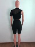 Fashion asymmetric pit strip one-shoulder mesh two-piece suit AJ4340