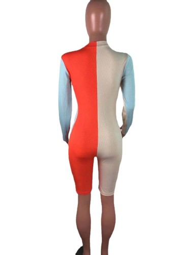Multicolor color matching pit strip stretch five-point pants skinny jumpsuit AJ4333