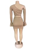 Two-piece women's solid color slanted shoulder flared sleeve lace-up skirt two-piece AJ4339