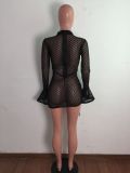 Mesh see-through drawstring pleated flared sleeve casual sexy dress A3279