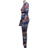 Fashion net yarn printing splicing suit two-piece suit SMR10141