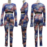Fashion net yarn printing splicing suit two-piece suit SMR10141