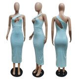 New solid color slanted shoulder halter strap dress P8603