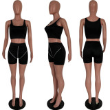 Summer sexy pants suit thin slim-fit knit stitching vest shorts solid color black casual suit HM5472