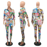 Fashion casual popular trend graffiti cartoon print element pants suit Y7019