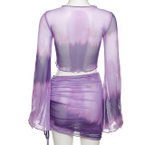 New mesh printed cardigan high waist bag hip skirt casual suit K21S01402