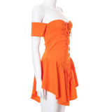 Solid color strapless cross-tie eyelet ruffle dress R21DS204