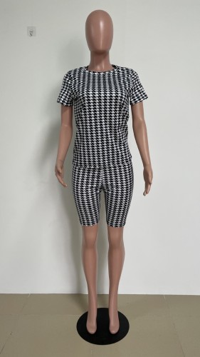 Fashion casual suit houndstooth print casual t-shirt five-point pants 2-piece summer HM5480