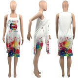 New style lip splash ink printing casual loose sleeveless shorts suit KY3082