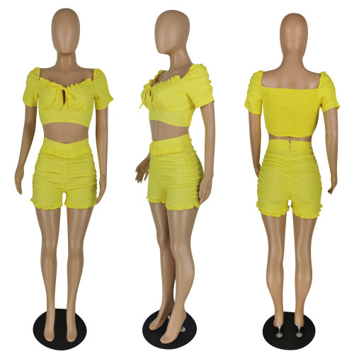 Two-piece high-elastic imitation denim pleated high-waist ruffle shorts C653