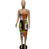 Sling long skirt head pattern print temperament street dress GT9919