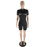 Skinny high-neck embroidered letters zipper short-sleeved jumpsuit LSN7103
