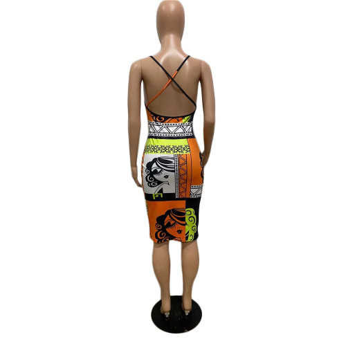 Sling long skirt head pattern print temperament street dress GT9919
