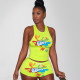 Street style printed tank top shorts sports suit two pieces H1646