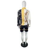 Positioning printed cardigan single-breasted long-sleeved shirt + shorts set QY5059