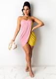 Contrasting color stitching dress summer word wrapped chest sexy wave pleated dress women F142